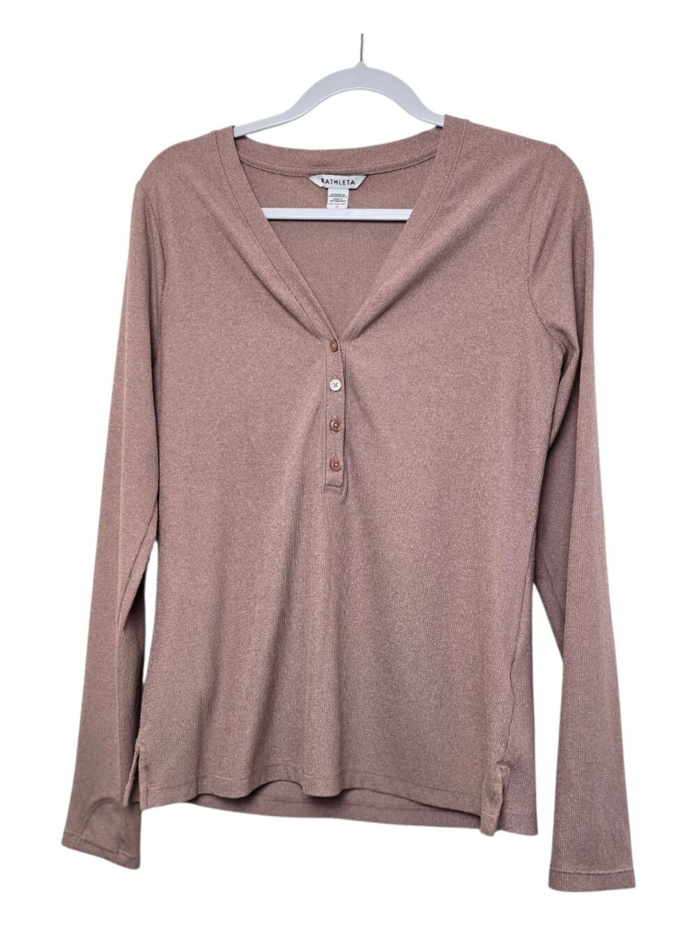 Athleta Blush Pink Uptempo Ribbed Henley Long Sleeve Top Pink L Casual V-neck